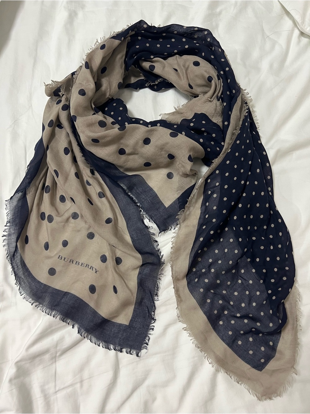 Burberry Navy and Beige Polka Dot Silk-Blend Wrap Scarf